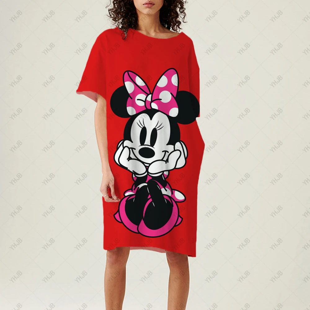 

Женское длинное платье-футболка, повседневное свободное платье с коротким рукавом и круглым вырезом, с принтом Микки Мауса Диснея, лето 2022