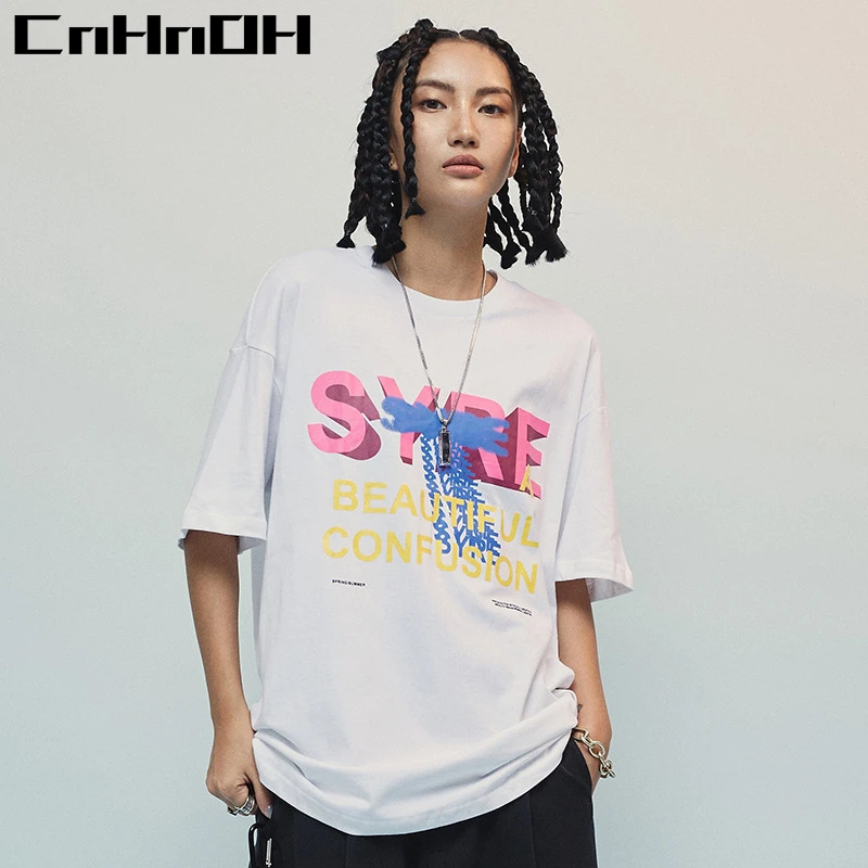 

CnHnOH 100% Cotton Summer Loose Letter Print Women T Shirt Casual Loose O-Neck Men T-shirts Short Sleeve T-Shirt Tee Shirts 9158