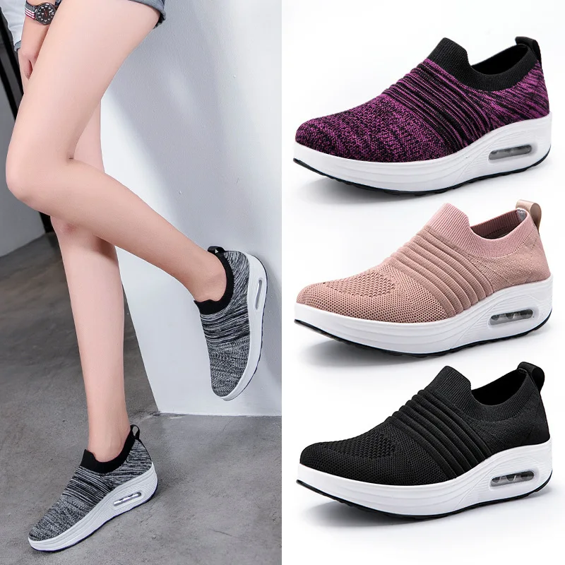 

Summer New Mesh Fly Woven Women's Walking Shoes Air Cushioned Shoes Casual Breathable Rocking Shoes Platform Sneakers Shoes