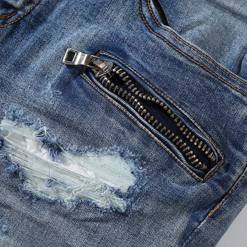 High Street Fashion Men Jeans Retro Blue Spliced Designer Skinny Ripped Biker Jeans Patchwork Designer Hip Hop Brand Pants Men