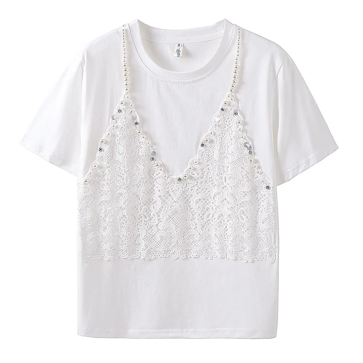 Лето 2023 новый пуловер с круглым вырезом футболка из двух частей иллюзия