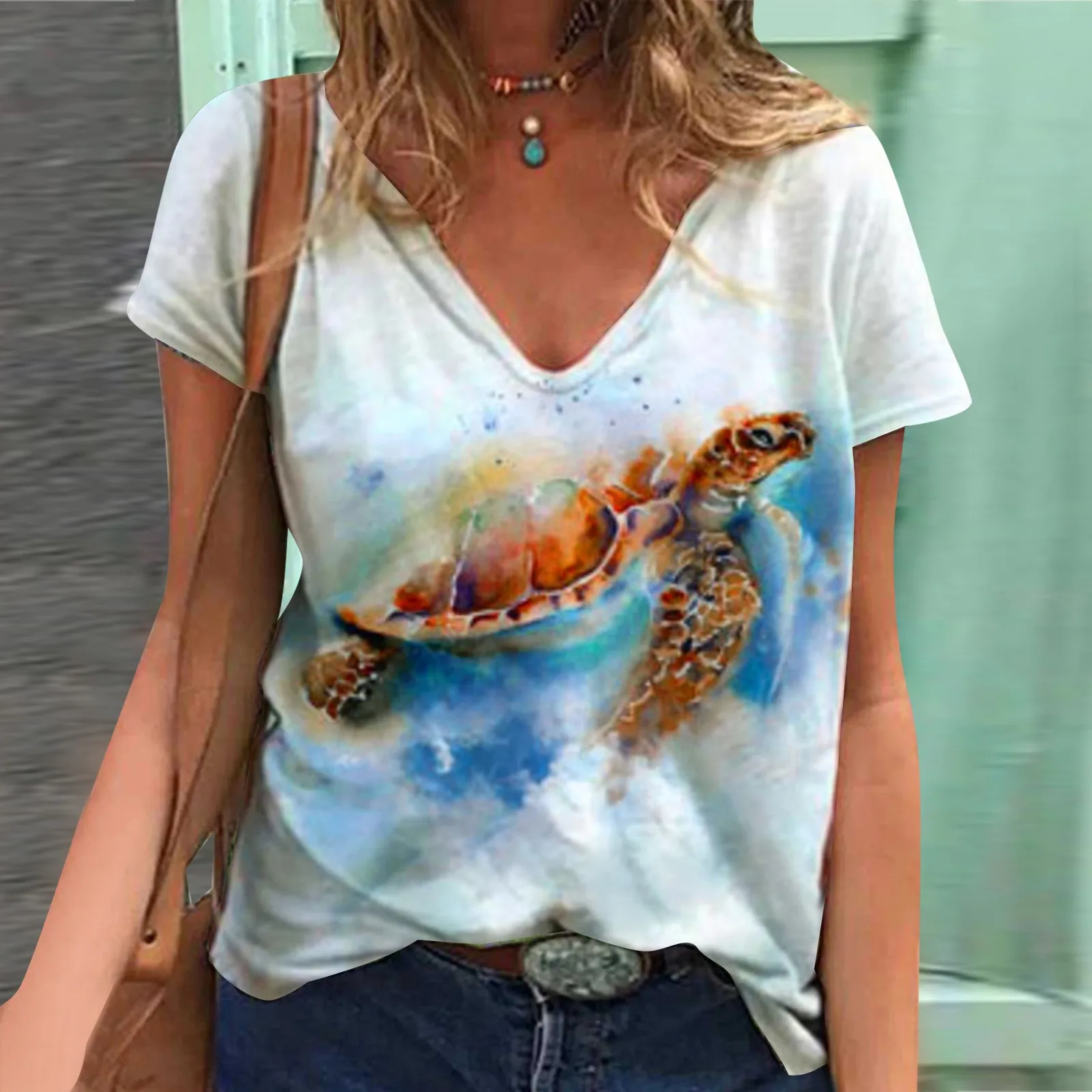 

Футболка женская оверсайз с V-образным вырезом, Повседневная рубашка с цифровым 3d цветочным принтом, с коротким рукавом, лето