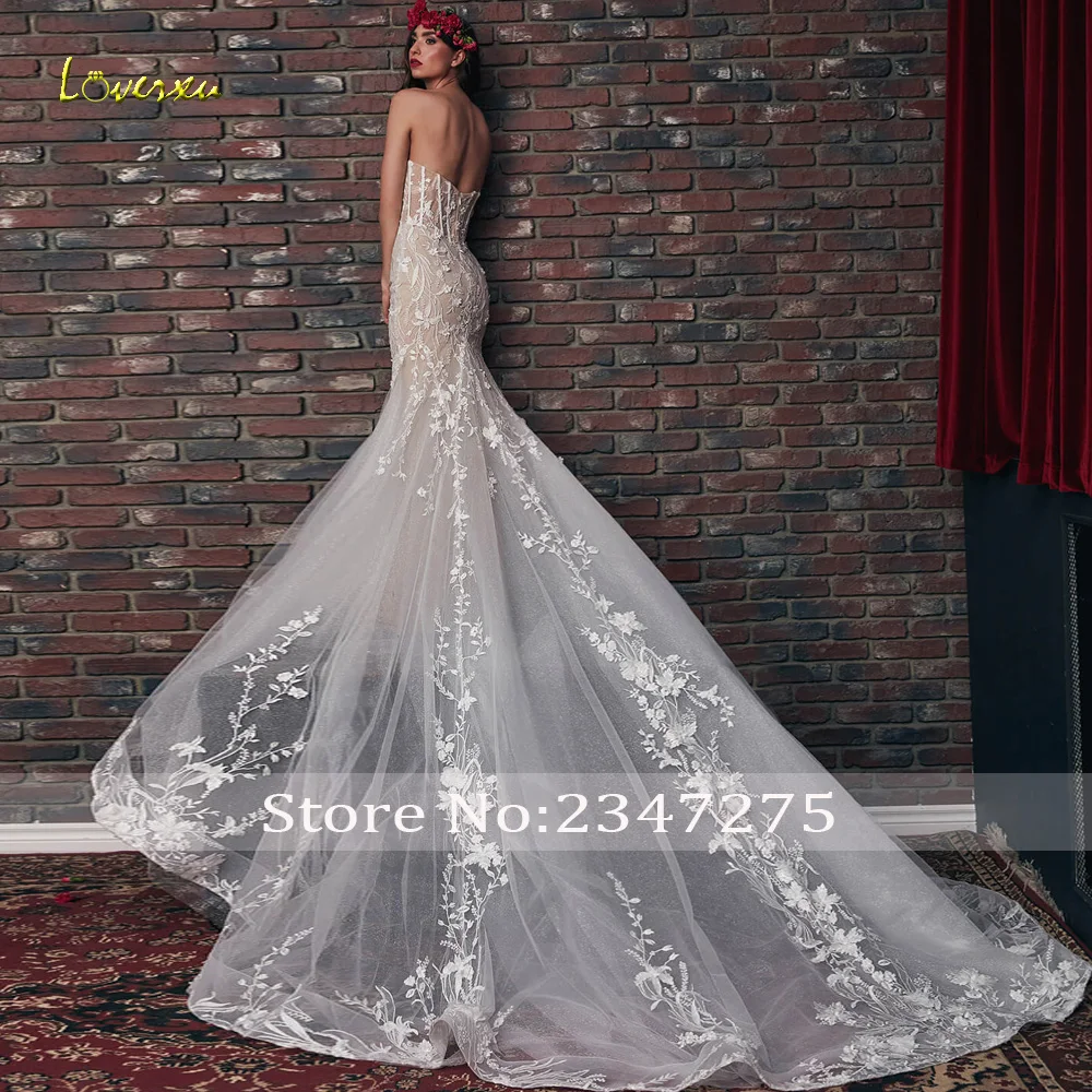 Фото Loverxu Русалка Монdern Свадебные платья без бретелек без рукавов Vestido De Novia Аппликации Романтическое сексуальное свадебное платье на заказ №2