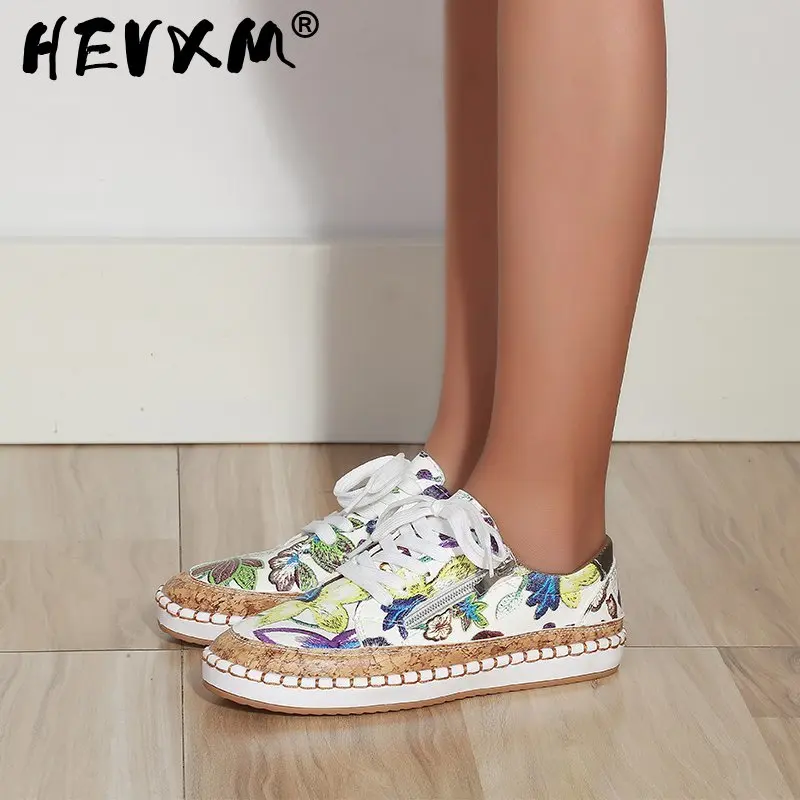 

New Popular Womens Shoes Plus Size Color Matching and Printing Lace-up Flat Shoes Women's Casual Shallow Mouth Womens Sneakers