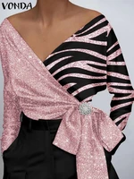 vonda 2022 vintage woman oversize spring blouse fashion women solid tunic chemise tops female long sleeve printed blusas shirts