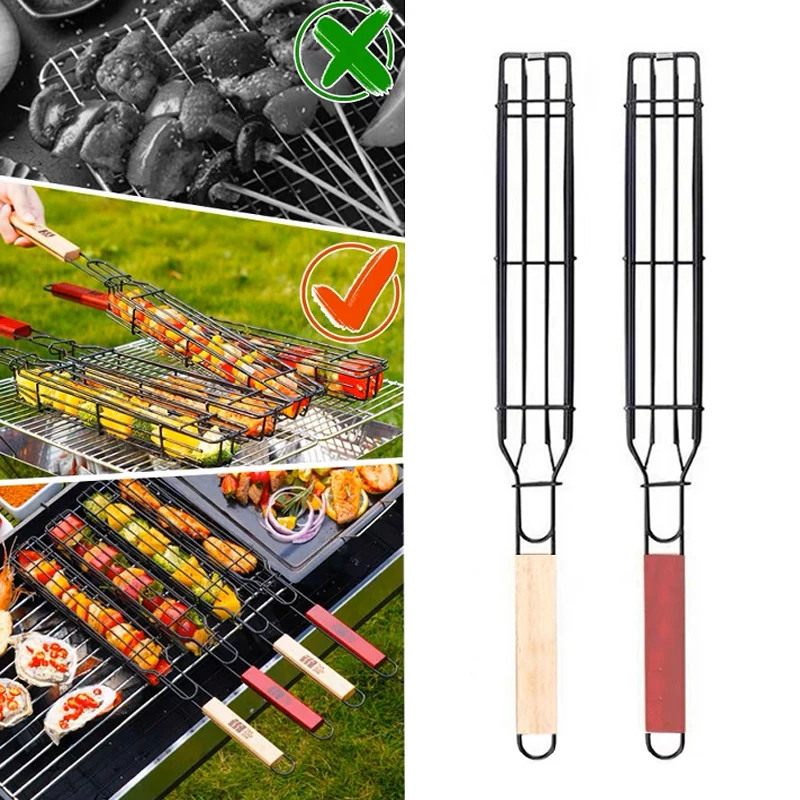 

Outdoor Wooden Handle Barbecue Cage Stainless Steel Encrypted Meat And Vegetables Clipboard BBQ Barbecue Utensils Barbecue Tools