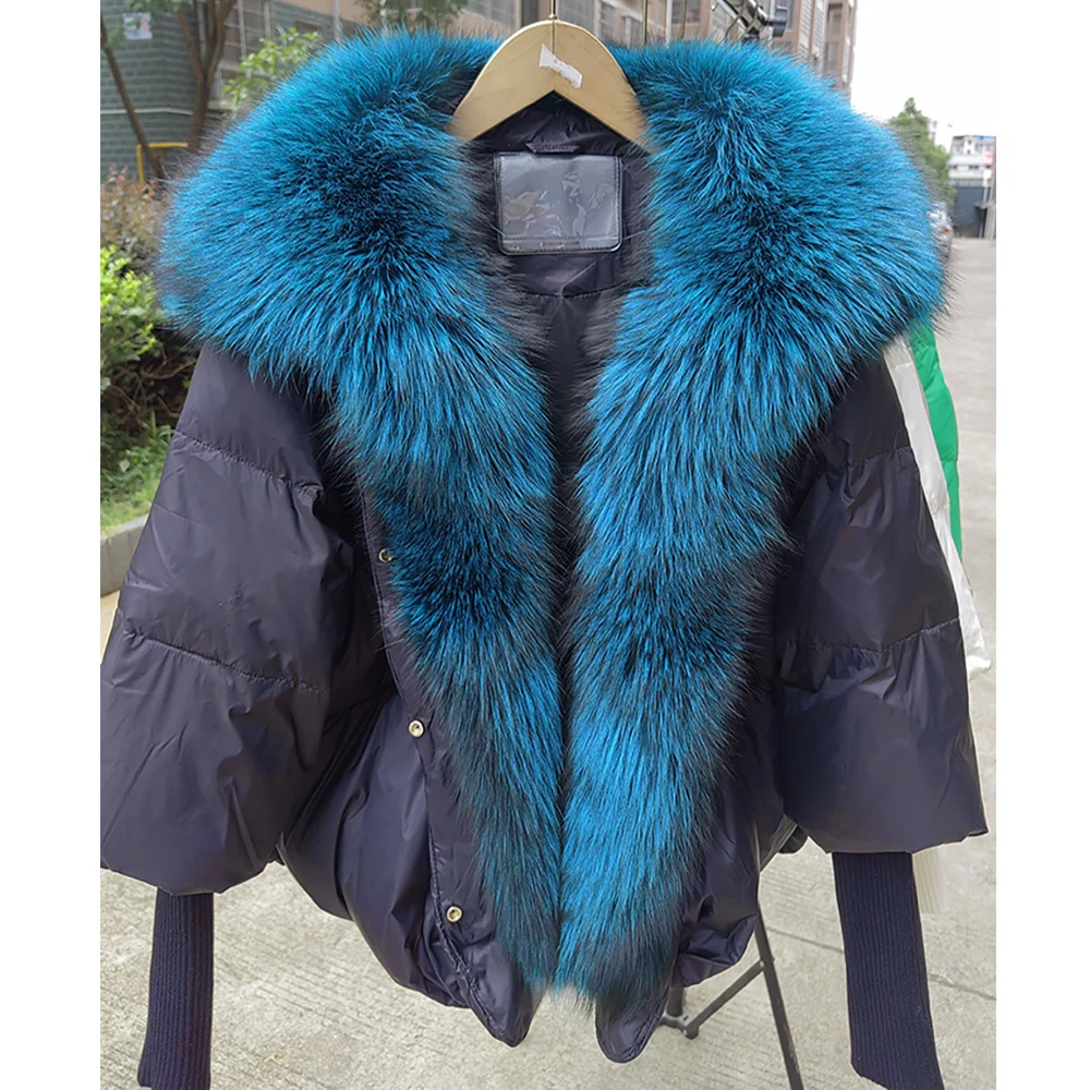 

Women Winter Coats With Big Silver Fox Fur Collar Trim New Goose Detachable Goose Down Jacket Female Loose Fashion Collar