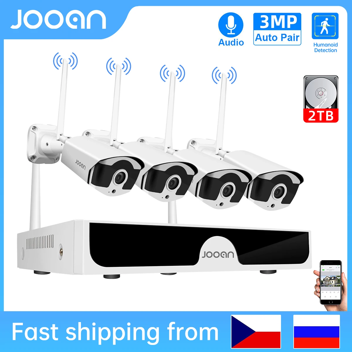 Jooan-Sistema de videovigilancia inalámbrico para exteriores, Kit de videovigilancia NVR de 8 canales, 3MP, grabación de Audio, P2P, Wifi, IP