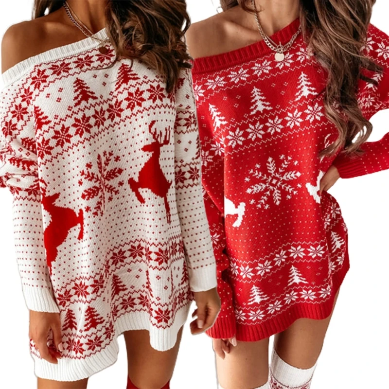 

Women Christmas Long Sleeve Sweater Dress Classic Reindeer Snowflake Jacquard Midi Pullover Top Holiday Tunic Jumper L5YB