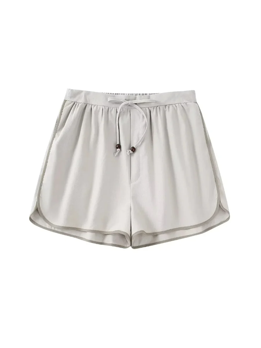

Women Fashion Linen Grey High Waist Drawstring Shorts 2022 Summer New Front Lace Up Pleated Casual Female Panties