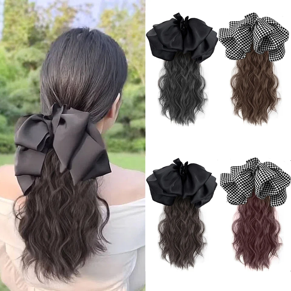 Long Wavy Claw Clip On Black and white check bow Ponytail Hair Extension Synthetic Ponytail For Women Pony Tail Hair Hairpiec Long Wavy Claw Clip On Black and white check bow Ponytail Hair Extension Synthetic Ponytail For Women Pony Tail Hair Hairpiec