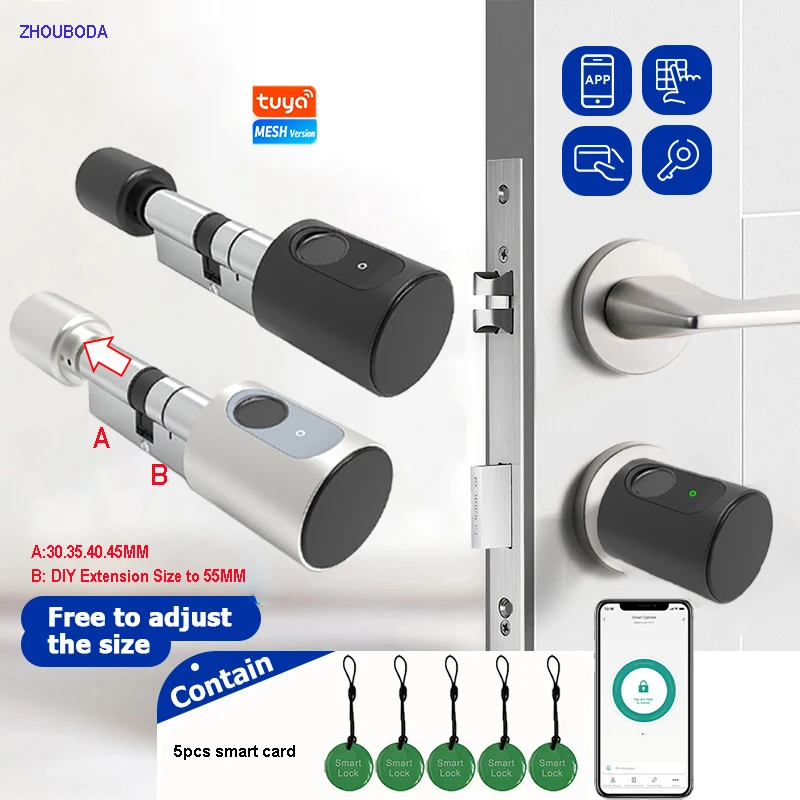 

Tuya APP Fingerprint Lock Biometric Digital RFID Card Euro Adjustment Cylinder Electronic Smart Door Lock Keyless Entry Home