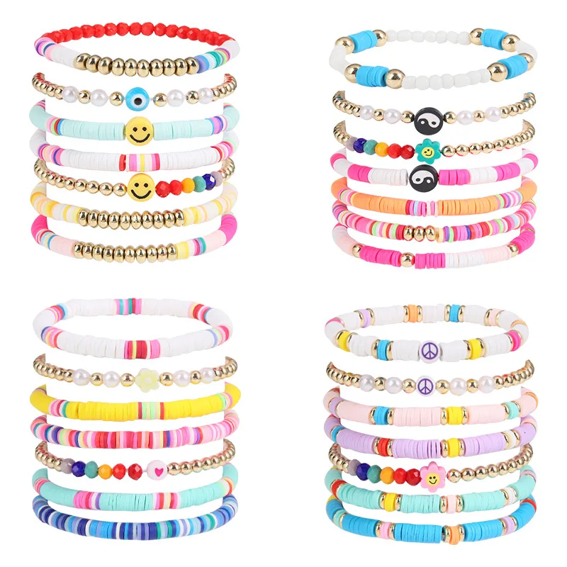 

7PCS Bohemian Polymer Clay Chain Bracelets Set Fashion Women Love Heart Smile Charm Bracelets Jewelry Accessories