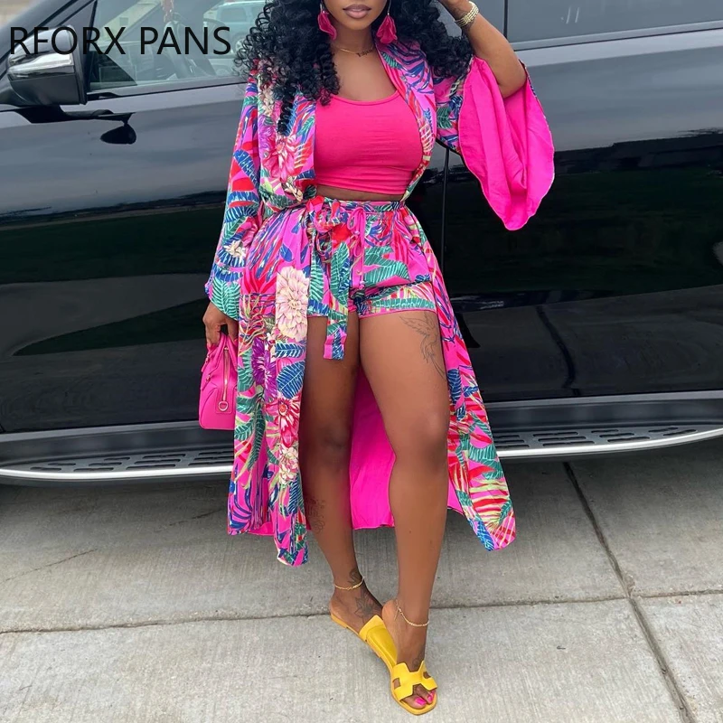 

Women Casual All Over Print with Belt Long Sleeves Maxi Three Pieces Short Sets