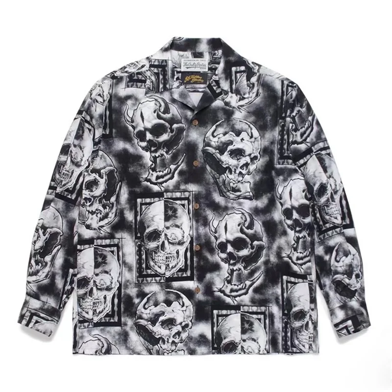 

New Men's Shirts Best Quality Prints Skulls Loose Casual Cuban Collar Hawaii WACKO MARIA Long Sleeve Shirt With Tags