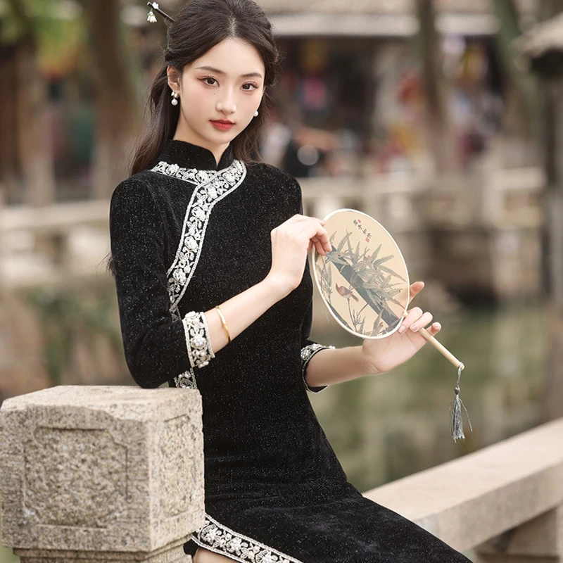 Осенне-зимнее тонкое темпераментное платье новое китайское женское Cheongsam