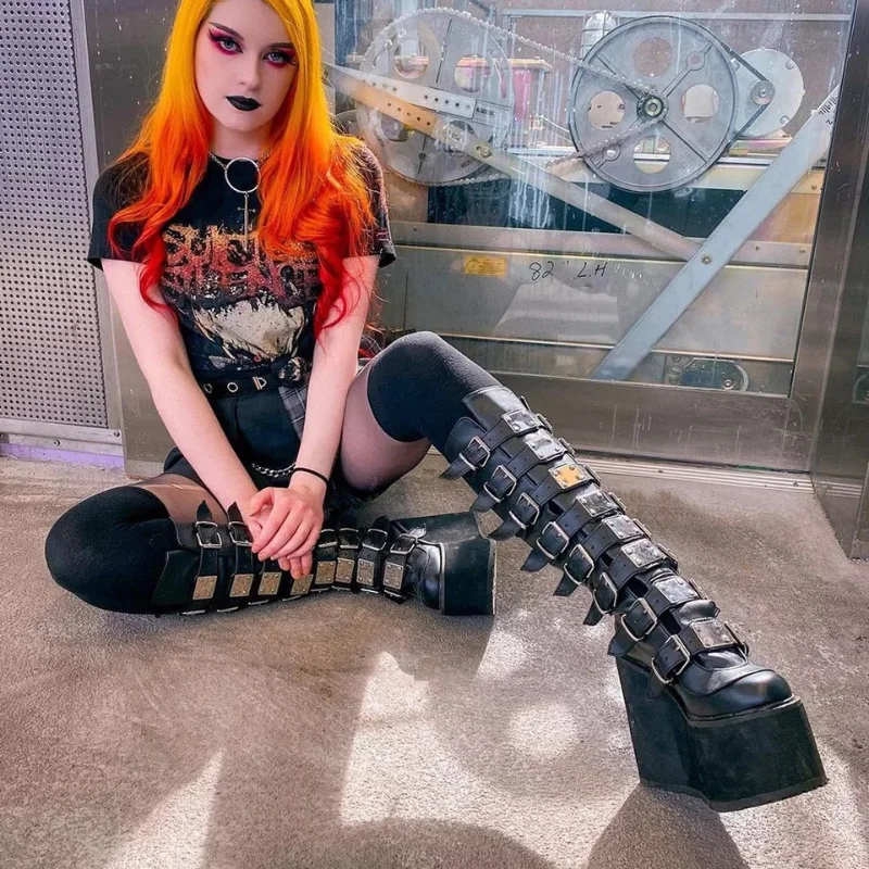 

New Female Platform Boots Fashion Metal Gothic Women Knee High Boots Punk Cosplay Wedges High Heels Shoes Woman Botas De Mujer