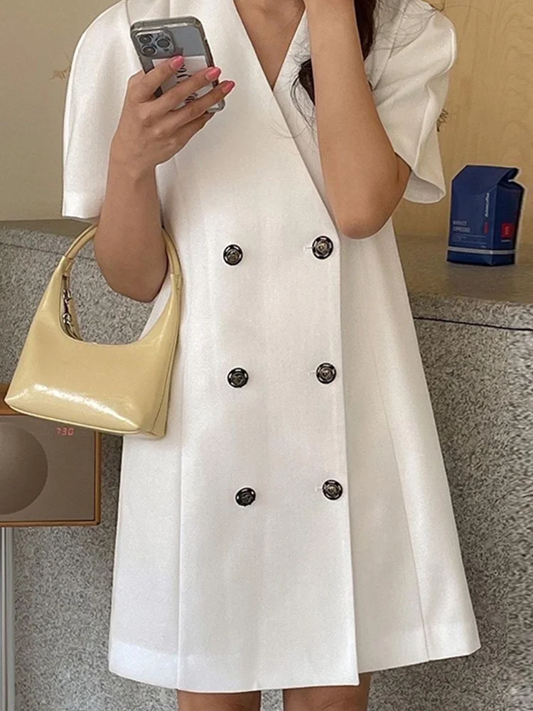 

Women Minimalist V-neck Double-breasted Dress Loose Casual Bubble Sleeve Mini Dresses 2023 Summer New Tide Vestido M930