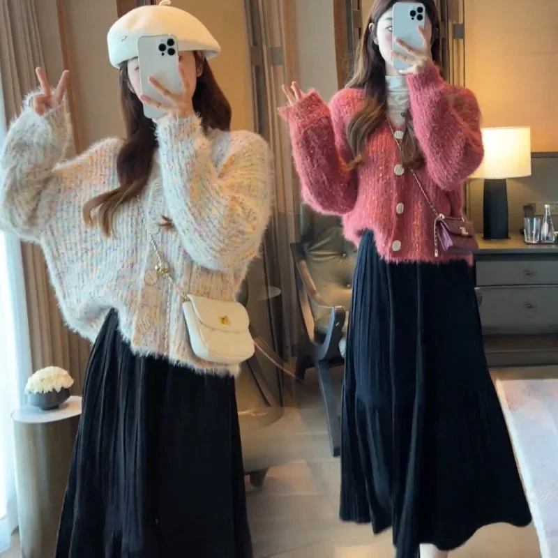Утепленный вязаный кардиган с юбкой Blue Sea Yino женский комплект весны 2024 стильное
