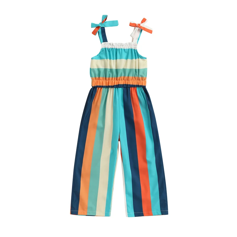 

Pudcoco 2-7Y Romper Kid Baby Girl Sleeveless Long Jumpsuit Colorful Stripe Pattern Pleated Elastic Waist Loose Fit Casual Simple