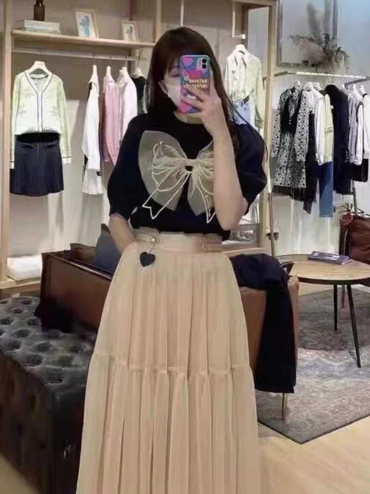 Woherb летняя черная футболка Женская сетчатая Лоскутная с бантом 2022 корейские