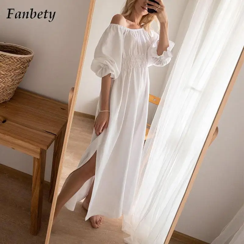 

Vintage Slash Neck Party Dress Women Summer Office Fashion Off Shoulder Beach Dress Ladies Casual Half Sleeve Slit Long Dress