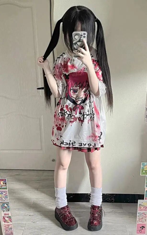 Женская футболка в стиле Харадзюку летняя тонкая с принтом виде готического