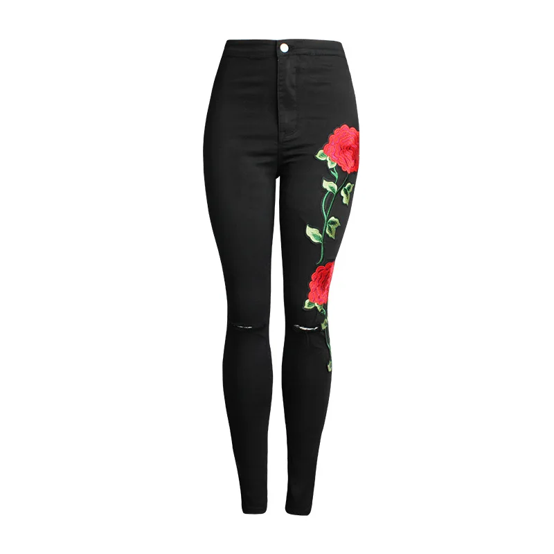 

Spring Women Black Jeans Size 3D Floral Embroidery Pencil Pants Ripped Jeans for Women Pure Cotton Hole Denim Jean Trousers