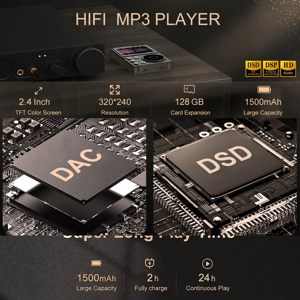 HiFi MP3 Player 64GB 2.4 Inch Lossless DSD High Definition Portable Digital Audio Music For Walkman Supports Up to 128GB