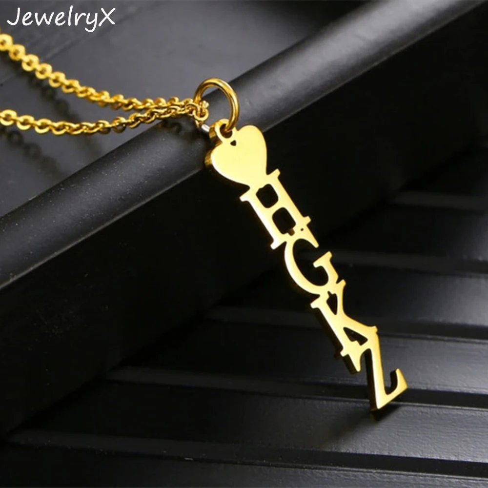 

JewelryX Custom Vertical Name Necklaces Personality Stainless Steel Heart Butterfly Nameplate Pendant Choker For Women Jewelry