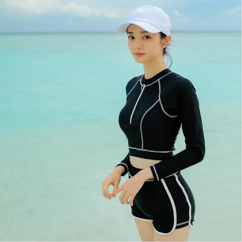 Сексуальные корейские модные спортивные комплекты бикини на молнии комплект из
