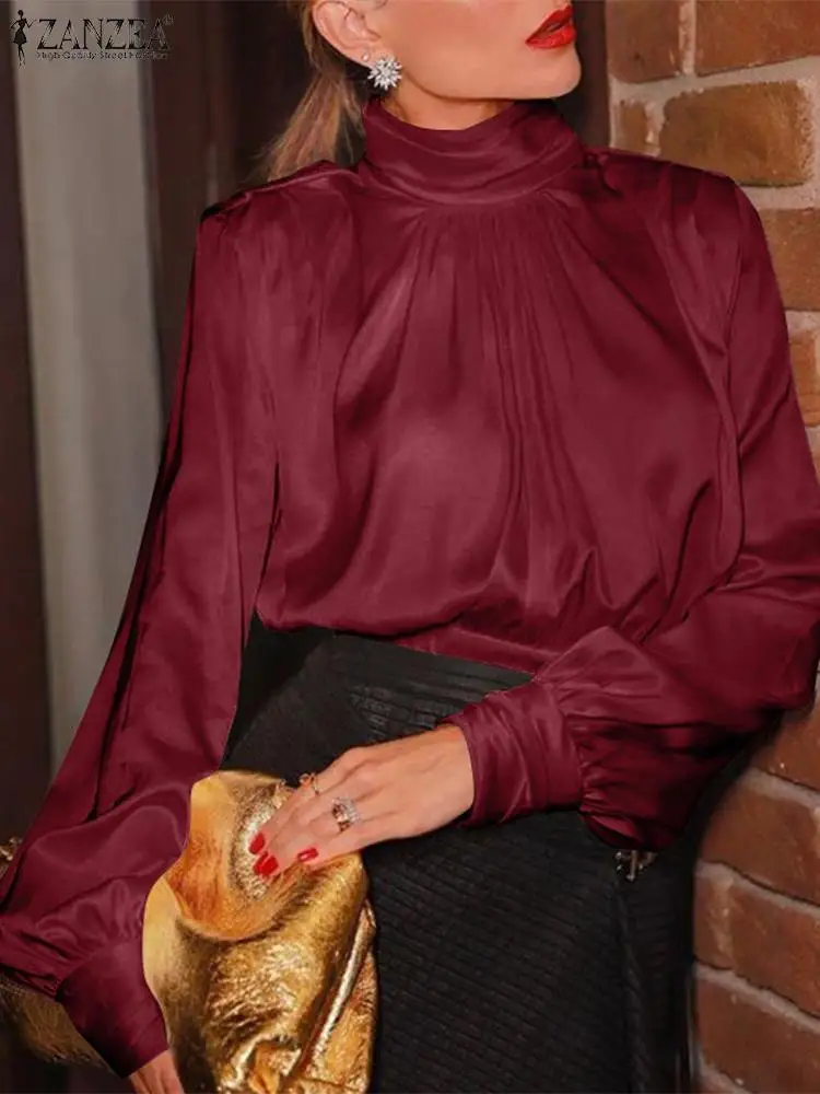 

2022 ZANZEA женская элегантная Осенняя атласная Блуза с длинным рукавом-фонариком офисная рубашка модная Туника Топы повседневные однотонные в...