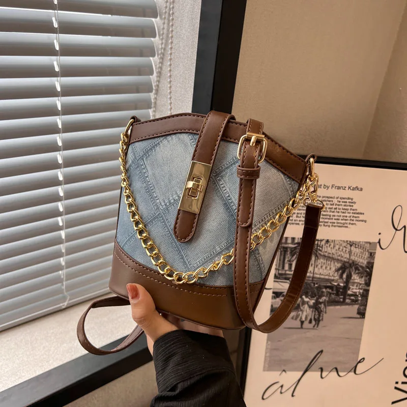 

Lattice Mini Bucket Crossbody Bags for Women 2023 Vintage Solid Color Leather Shoulder Bag Luxury Designer Chain Handbags Female