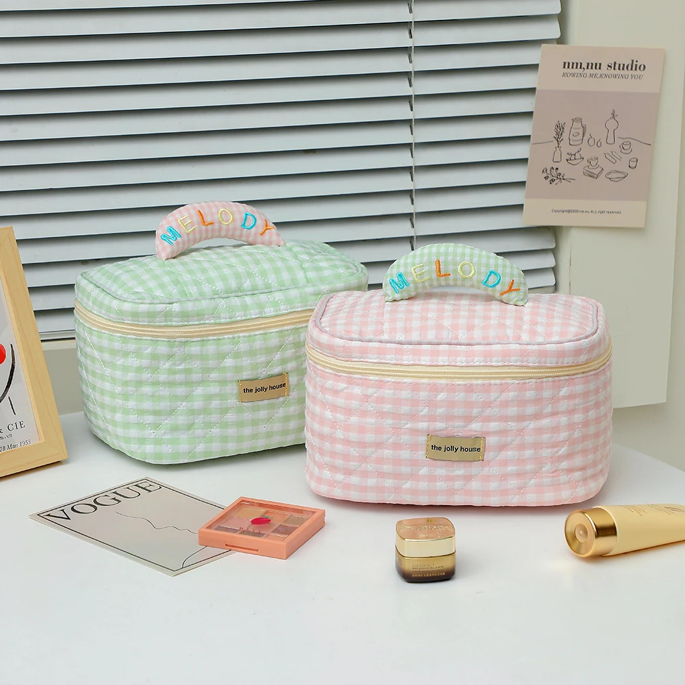 

New cotton plaid handbag cosmetic bag large stationery storage bag Korea stationery bag
