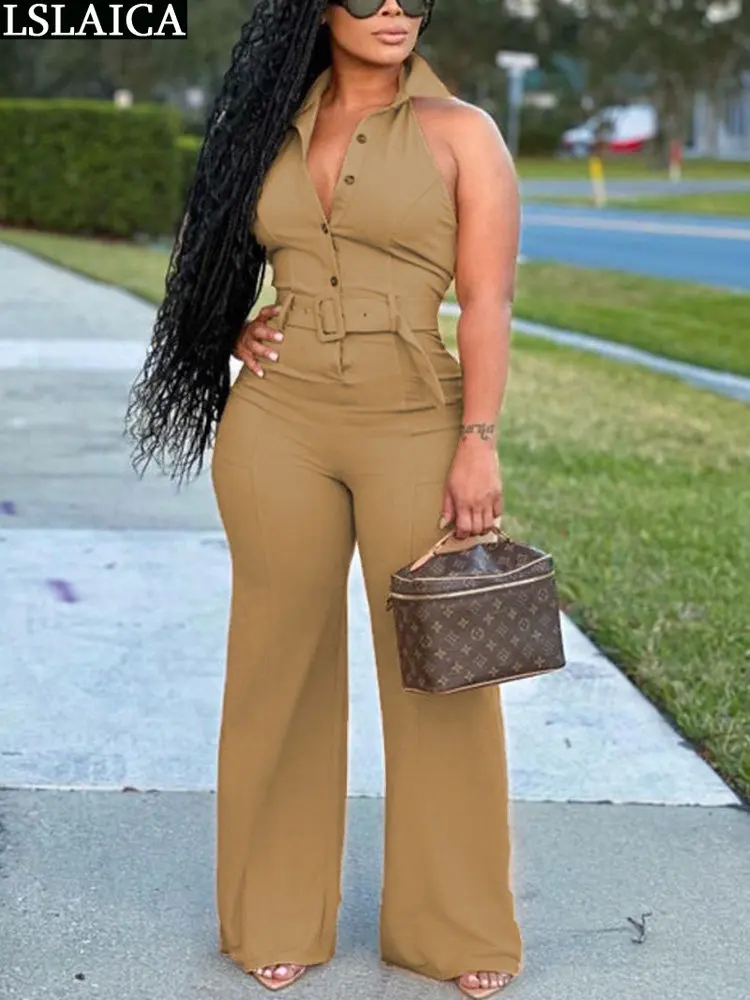 

Women's Summer Jumpsuit Sleeveless Solid Turn-down Collar Bodysuit Women Backless with Belt Full Length Romper Sexy Clothes 2023