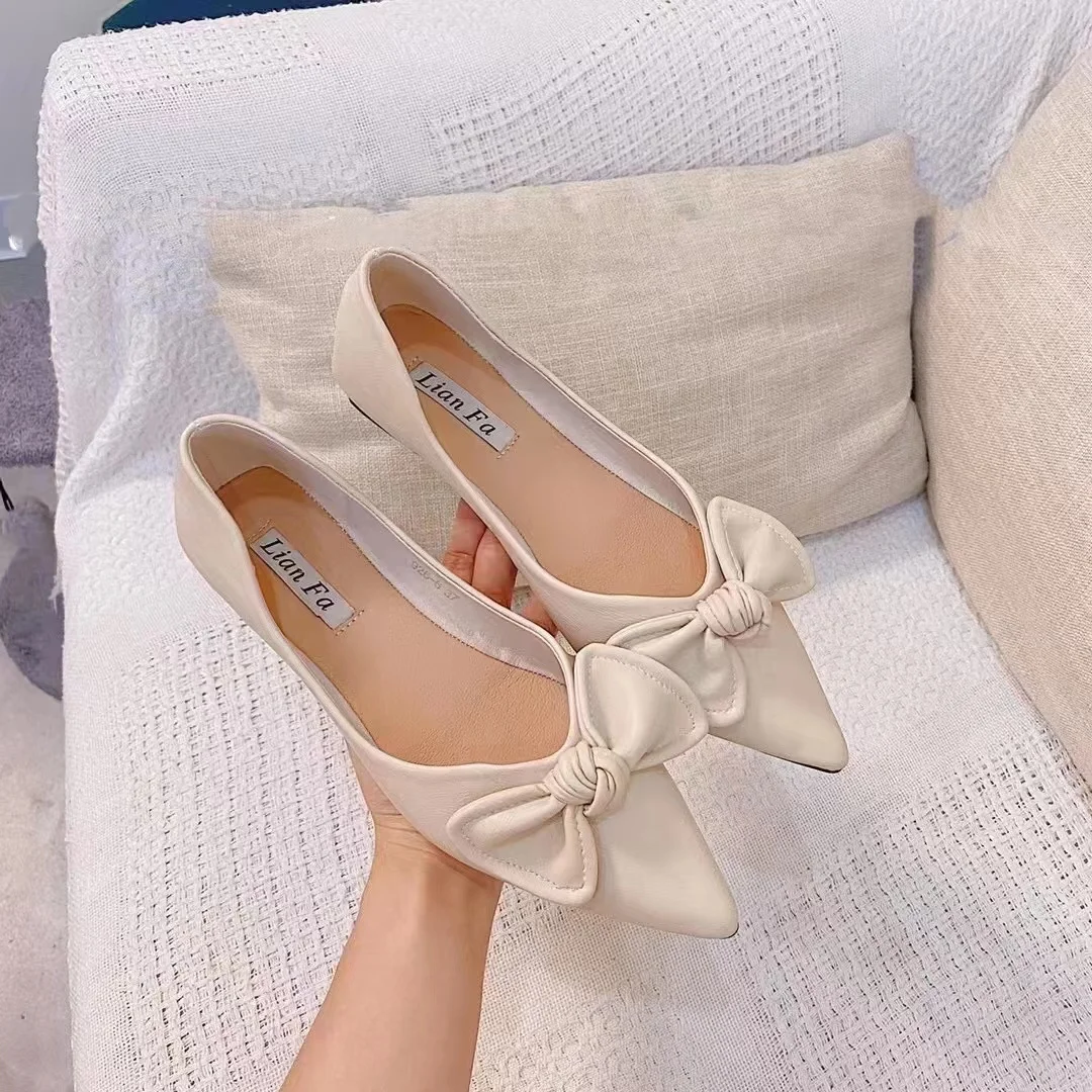 

2022 Spring Solid Color Pointed Toe Women Flats Pumps Shallow Mouth Lady Working Shoe with Bow Casual Female Shoes Size 35-39