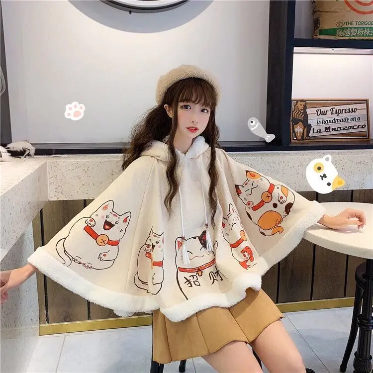 

Kawaii Cat Printed Warm Women Capes Hooded Harajuku Students Female Ponchos Cute Cat Ears hooded warm cloak