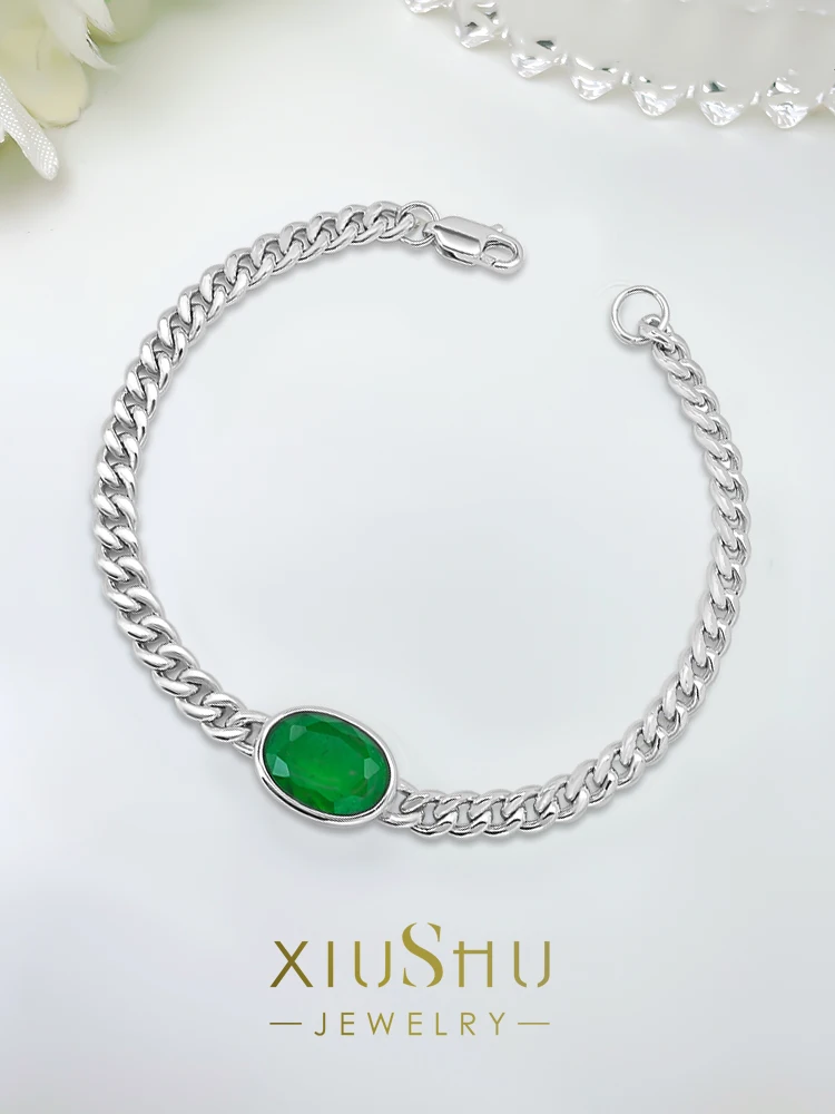

Luxury Artificial Emerald 925 Silver Cuban Bracelet Versatile Small crowd Design High sense Daily fashion Simple