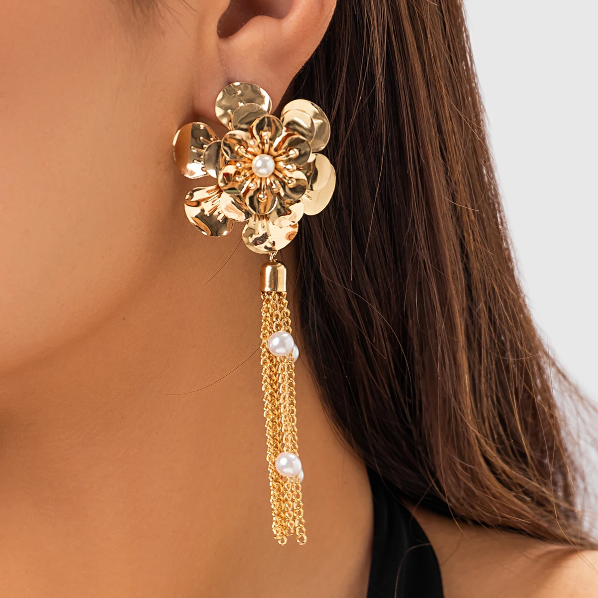 

PuRui Metal Flower Drop Earrings for Women Gold Color Long Imitation Pearl Pendant Dangle Earrings Trendy Jewelry Wedding Party