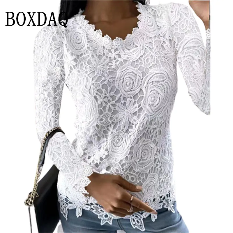 

2022 Autumn Winter Women Blouses Lace Floral Long-Sleeve Tops Fashion Elegant Sweet Sexy Black White Shirts Casual Pullover Lady
