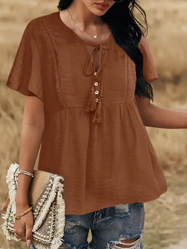 

Celmia Women Casual Loose Tunic Bandage Elegant Hollow Out V Neck Peplum Blouses 2022 Summer Buttons Short Puff Sleeve Blusas