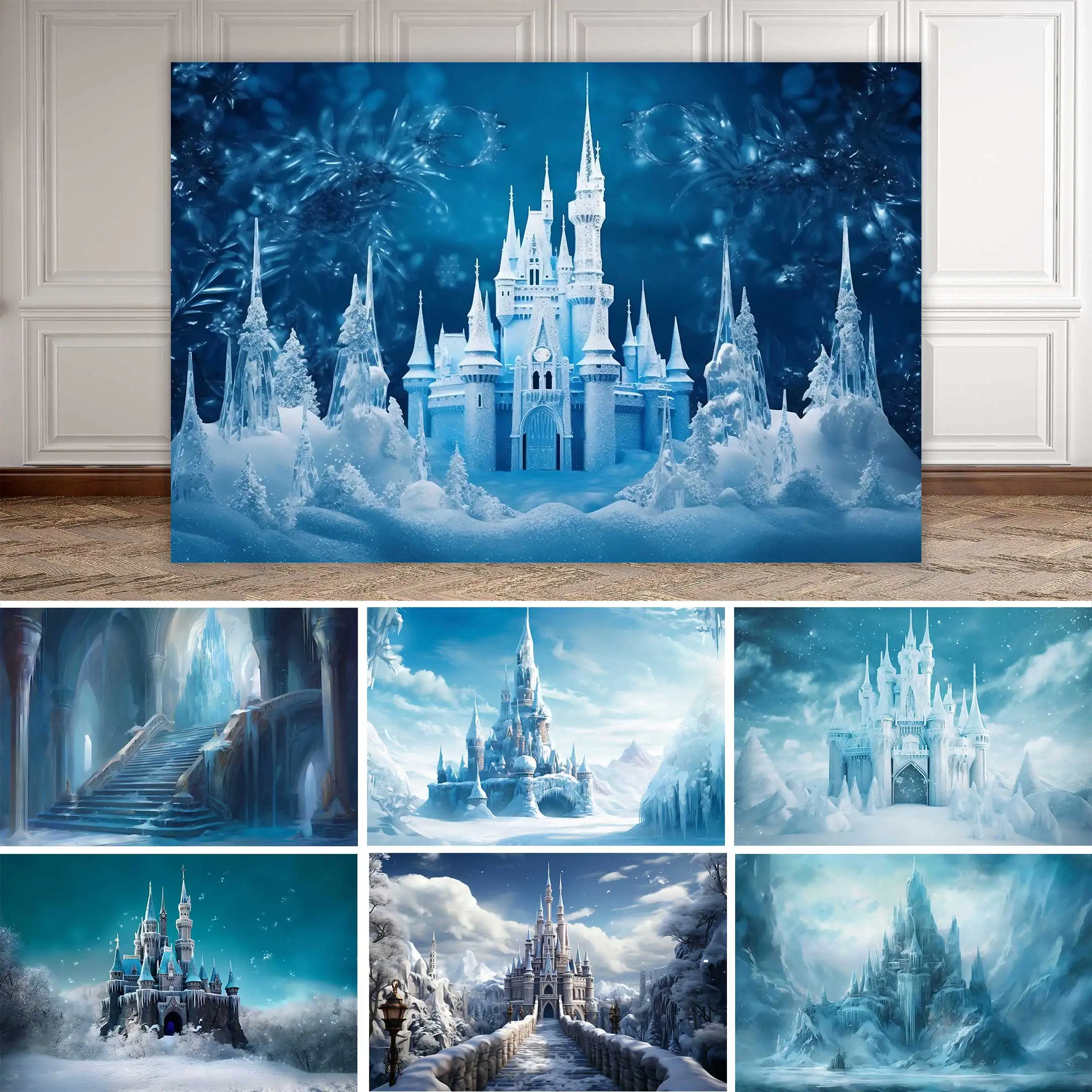 

NeoBack Ice Frozen Party Birthday Background Castle Winter Wonderland Snow Blue Fairy Christmas New Year Landscape Backdrop