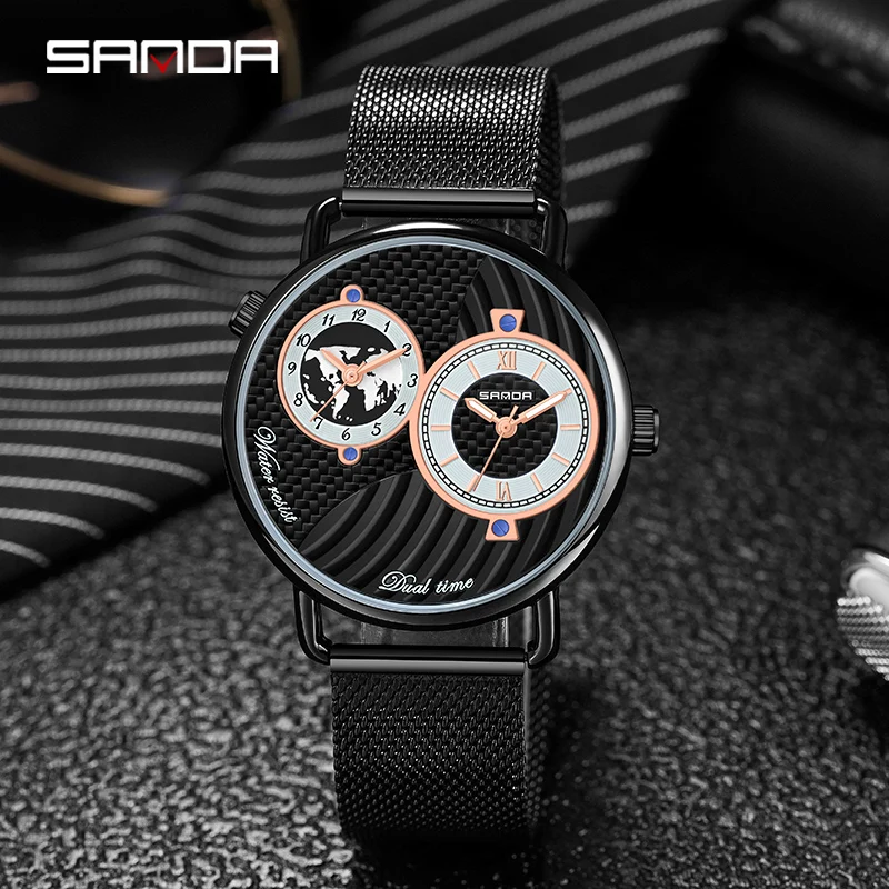 

Fashion Sanda Brand New Belt Mesh Double Movement Time Zone Men's Quartz Wrist Watch Leisure Sports Water Proof 30m