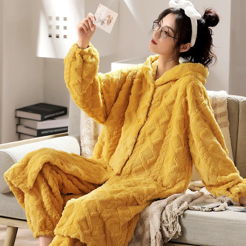 

Autumn Winter New Warm Flannel Women's Pajamas Set Long-Sleeved Trousers Two-Piece Set Robe with Hoodie Home Wear Clothes Women