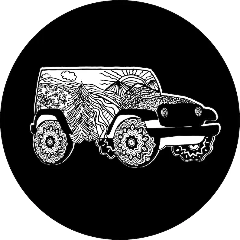 

Off Road 4x4 Doodle art Mountain Spare Tire Cover fit to exact tire size Camper RV Motor home Trailer/Option