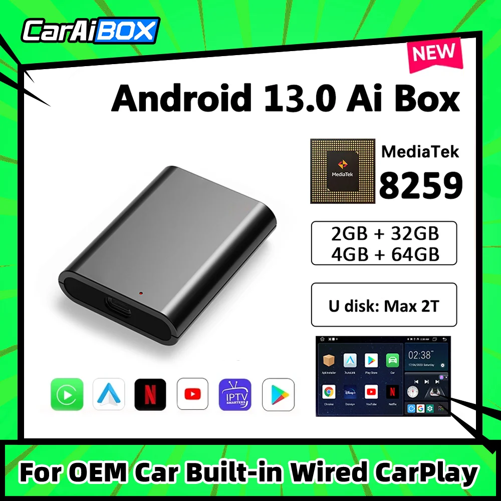 

CarAiBOX Android 13.0 For cars with Wired CarPlay Use Wireless CarPlay Android auto MediaTek 8259 8-Core Google Play Store