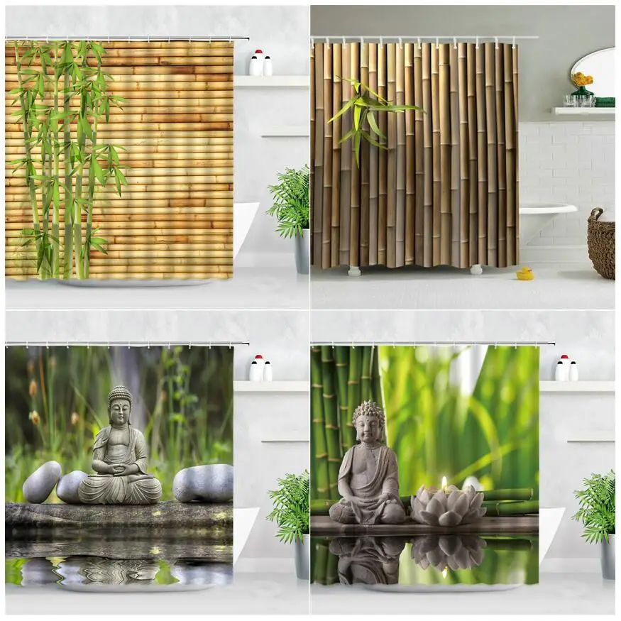 

Cortinas de ducha de Buda de bambú verde Zen, vela de agua, piedra de loto, planta de jardín, paisaje 3D, decoración del hogar,
