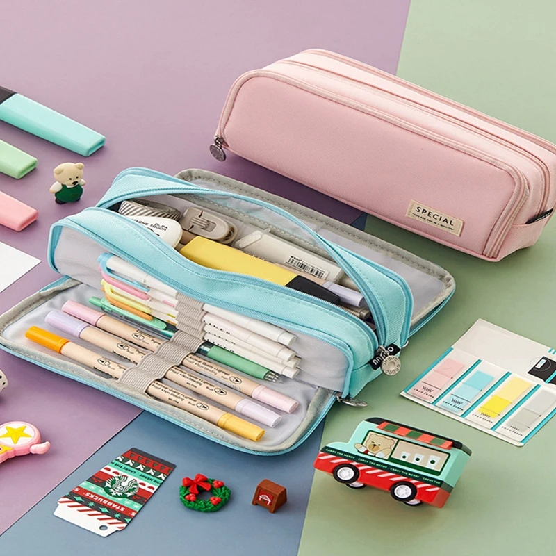 

Large Capacity Pencil Case Double Side Macaron Color Canvas Pen Bag Storage Pouch Stationery for Junior High School Students