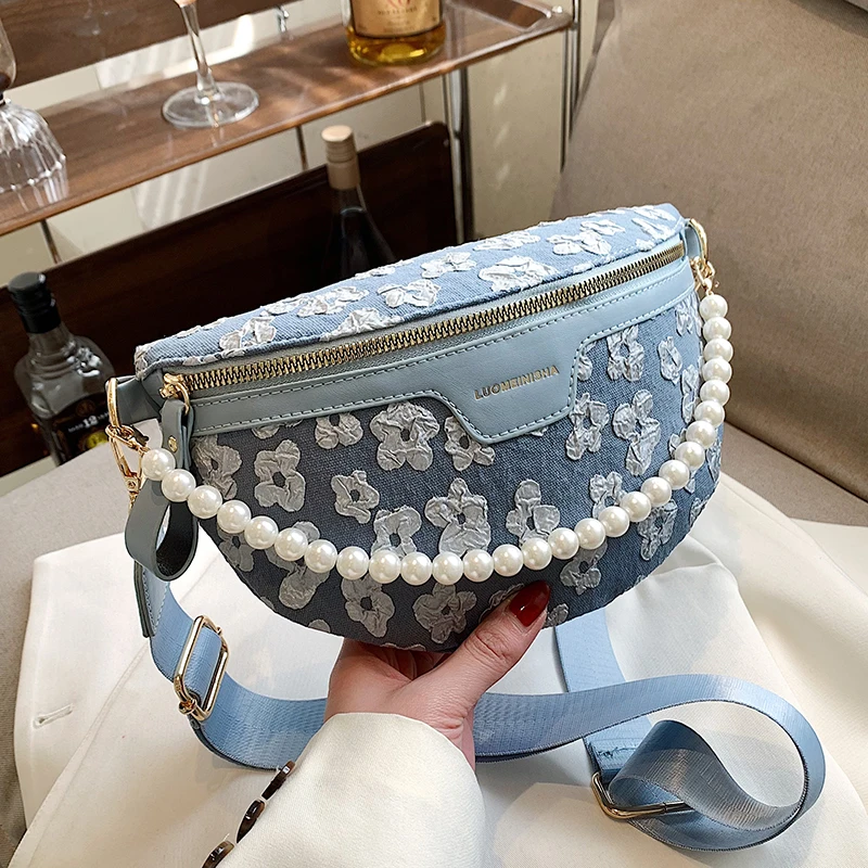

Women's Crossbody Chest Bags Luxury Designer Chain Fanny Pack Fashion Beaded Waist Bag Female Belt Bag Phone Purses