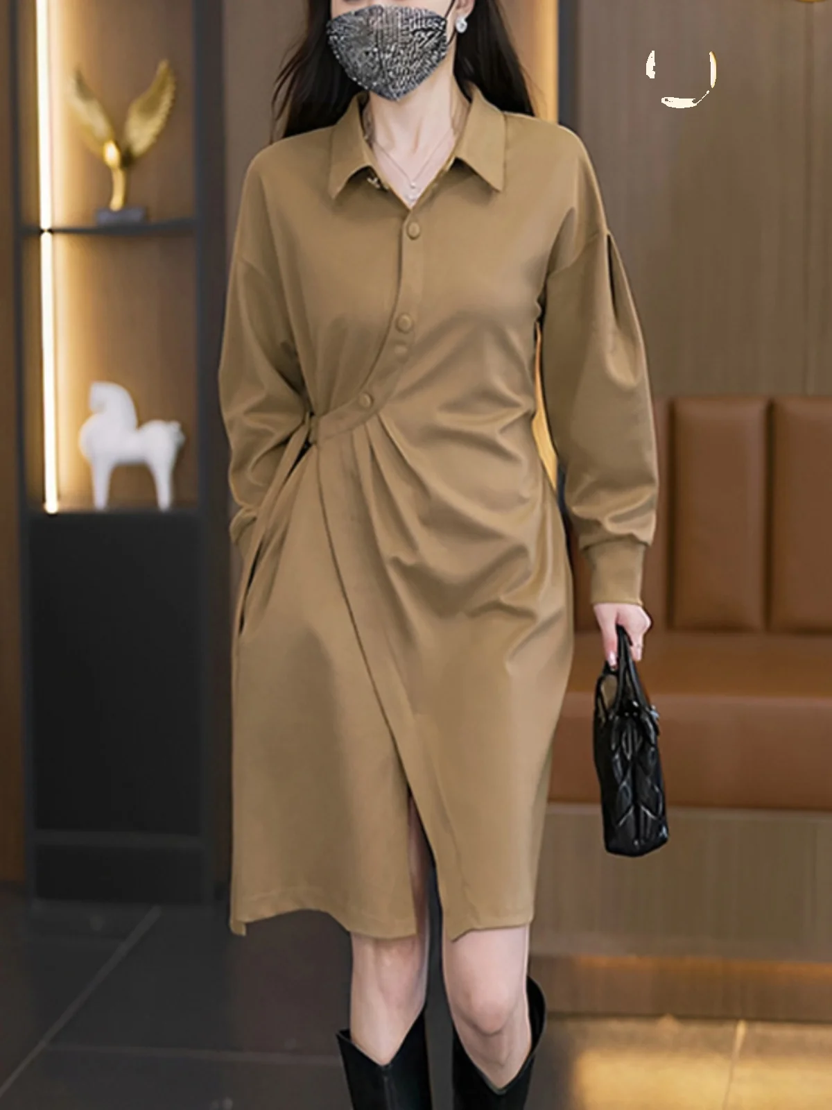 Женское платье с лацканами 2024 осень и зима новинка High Sense модное для похудения